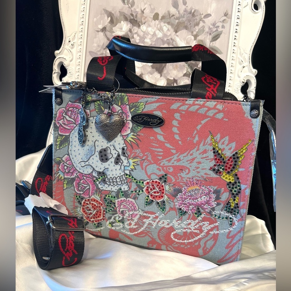 🌹☠️Ed Hardy Skull Rose Rhinestone Denim Tote🌹☠️-NWT - Picture 17 of 17